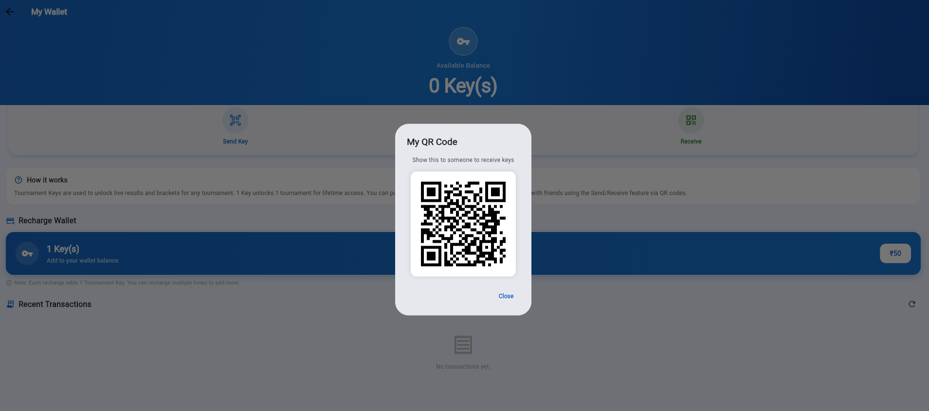 My QR Code dialog — show this to receive Tournament Keys from a friend via Send/Receive