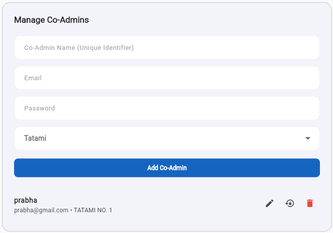 Manage Co-Admins — add a helper and assign them to a tatami