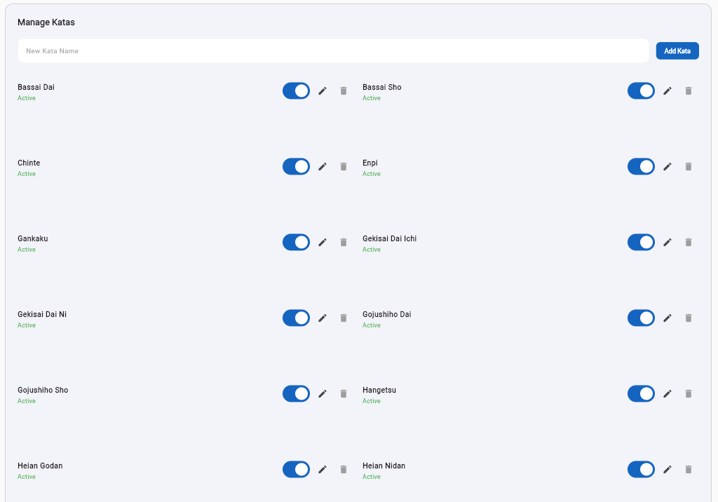 Manage Katas — toggle or add kata forms