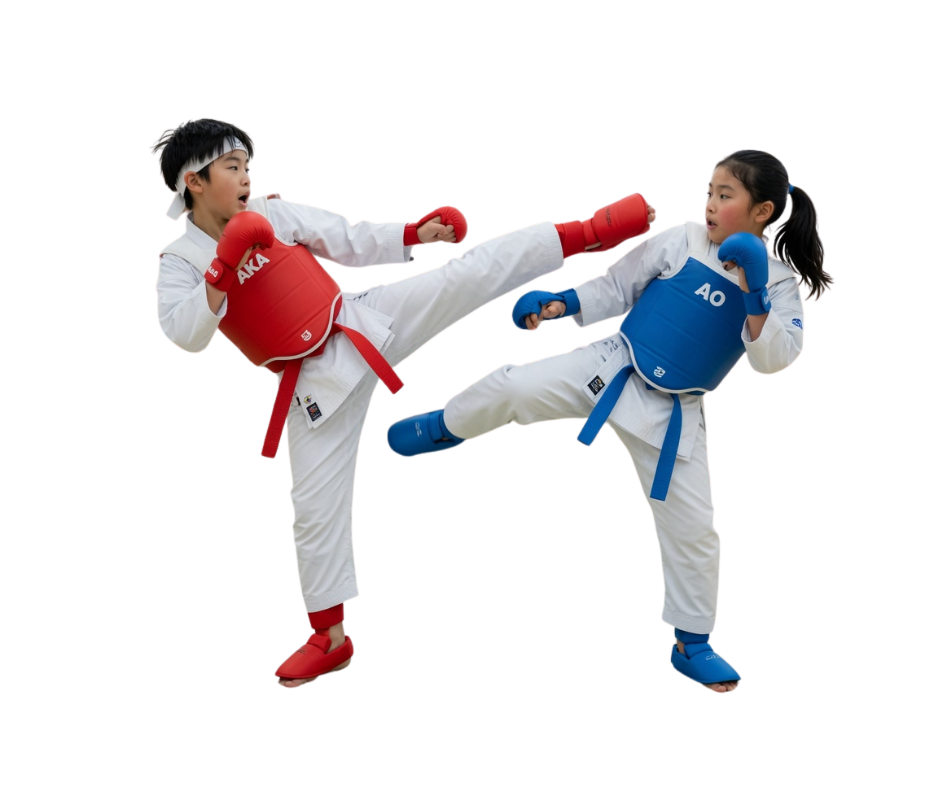 Two kids sparring kumite with AKA red and AO blue belts, helmets and gloves